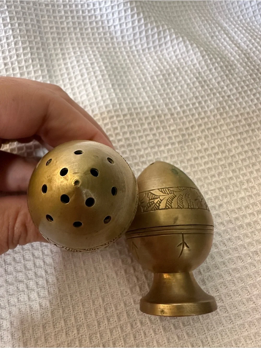 Vintage Hand-Etched Brass Egg Shaker Set - Peshawar Pakistan - Ganibeg Signed